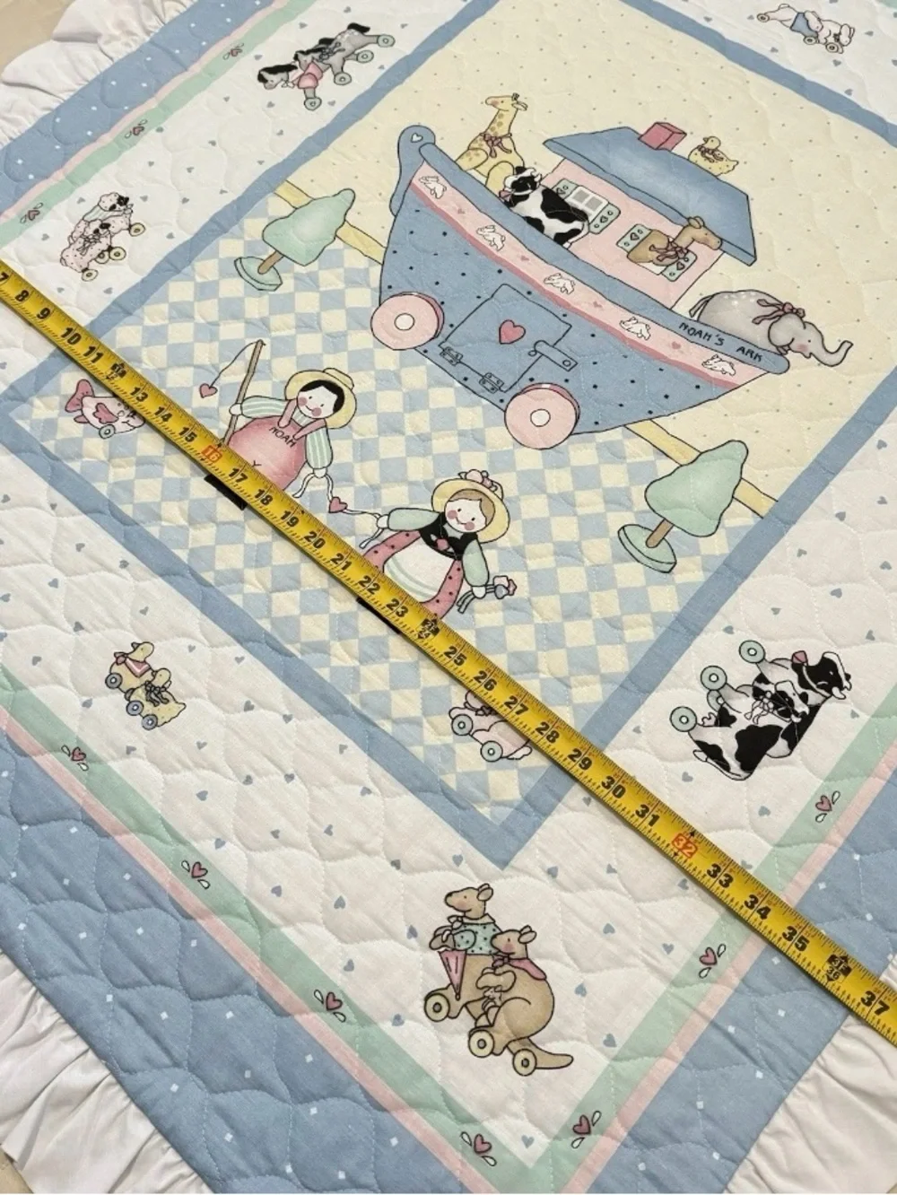 Vintage Handmade Noah’s Ark Baby Quilt, Nursery Ruffle Edge Blanket 48” x 38”